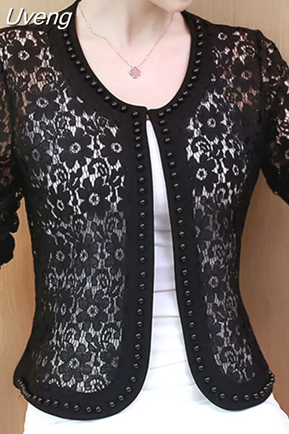 Uveng Hollow Out Lace Blouse Women Long Sleeve White Black Shirt Beading Lace Jacket Elegant 4XL Women Clothing Blusas 16821
