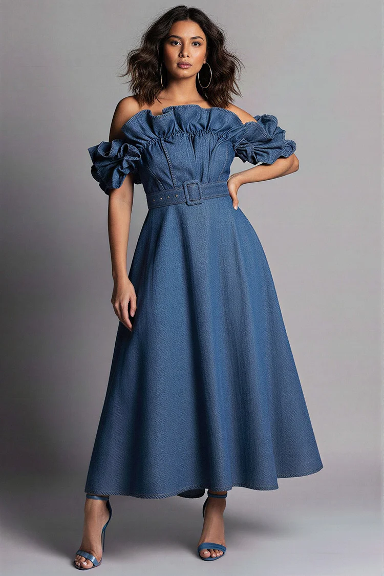 Xpluswear Design Plus Size Vacation Casual Blue Off The Shoulder Short Sleeve Ruffle Pocket Tencel Denim Midi Dresses [Pre-Order] 2024 - Xpluswear