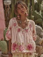 Women's Vintage Floral Art Embroidery Linen T-shirt - Image 4