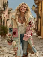 Women's Vintage Patchwork Floral Art Cozy Knitted Mid-length Cardigan