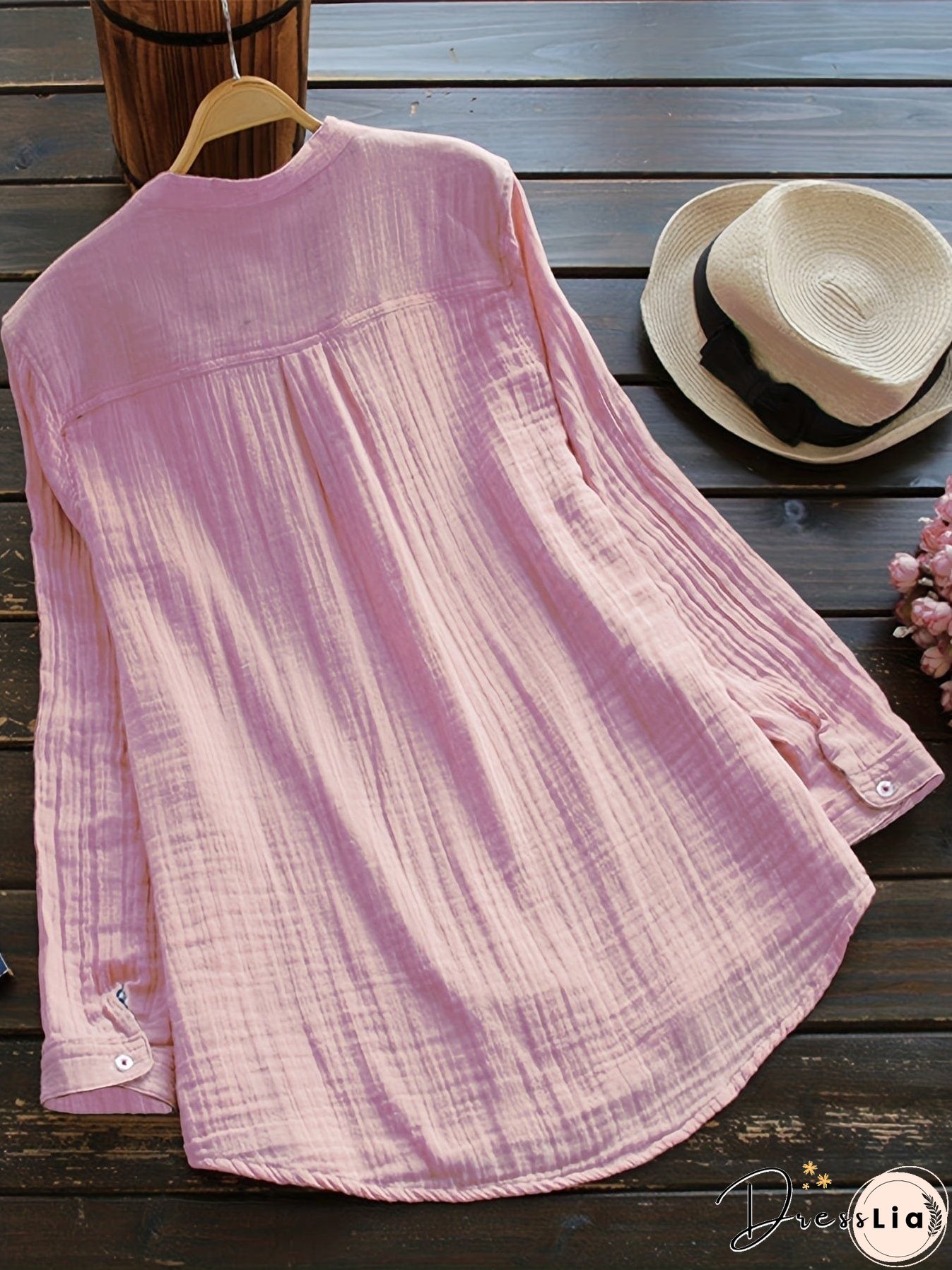 Plus Size Casual Blouse, Women's Plus Solid Long Sleeve Notched Neck Ruched Back Round Hem Slight Stretch Henley Blouse With Pocket