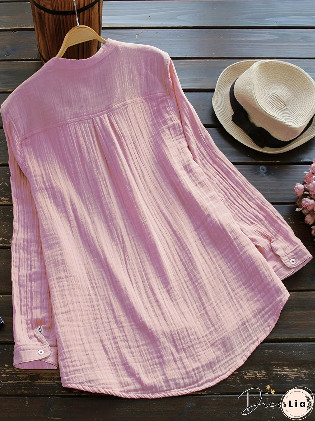 Plus Size Casual Blouse, Women's Plus Solid Long Sleeve Notched Neck Ruched Back Round Hem Slight Stretch Henley Blouse With Pocket