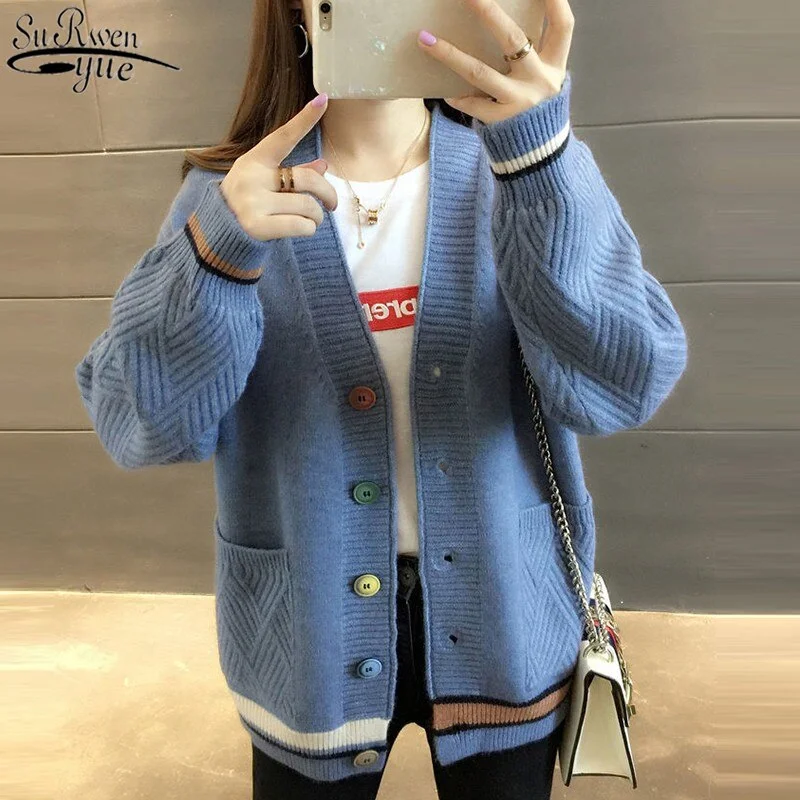 New 2021 Autumn and Winter Women Sweater Casual Cardigan Korean Vintage V-neck Single-Breasted Knitted Cardigan Female 10910