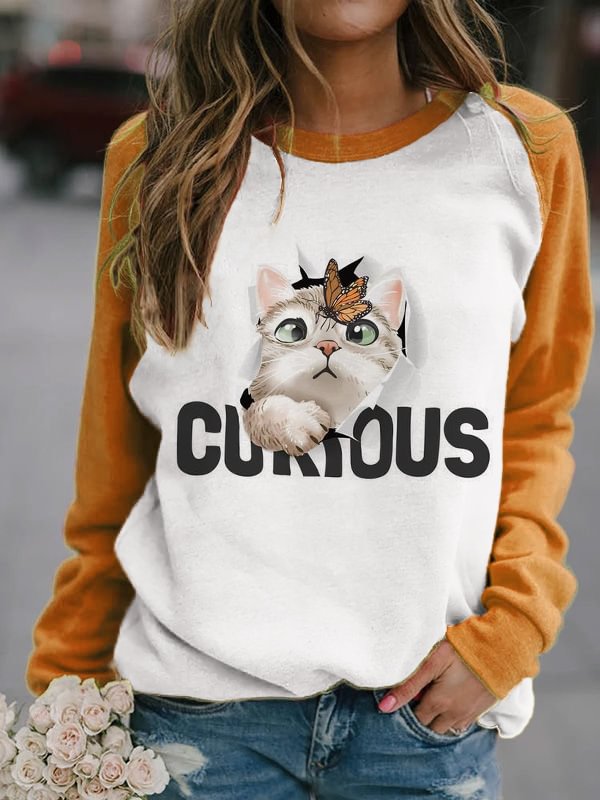 Curious Cat Print Contrast Color Sweatshirt