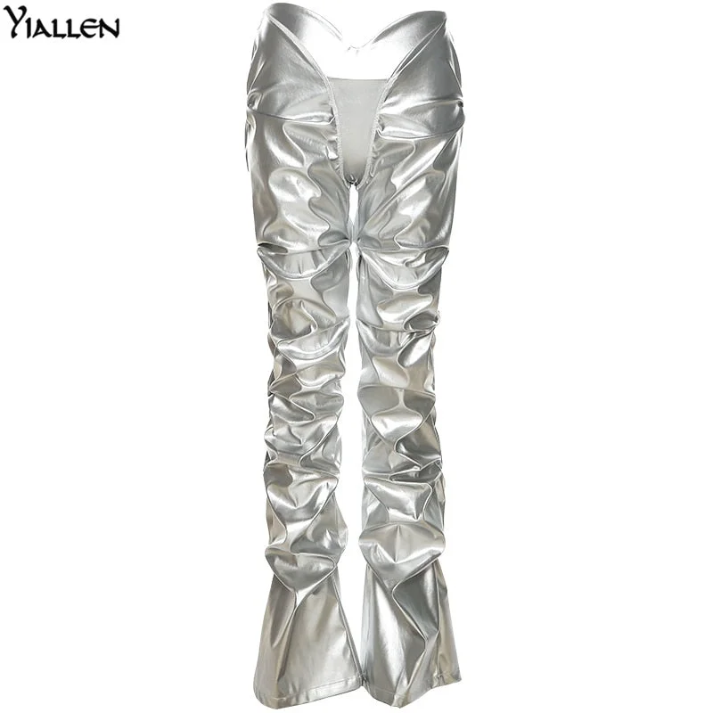 Yiallen Fashion PU Leather Folds Shiny  Pants Women Hipster High Street Irregular Shape Clothing Low Waist Female Streetwear