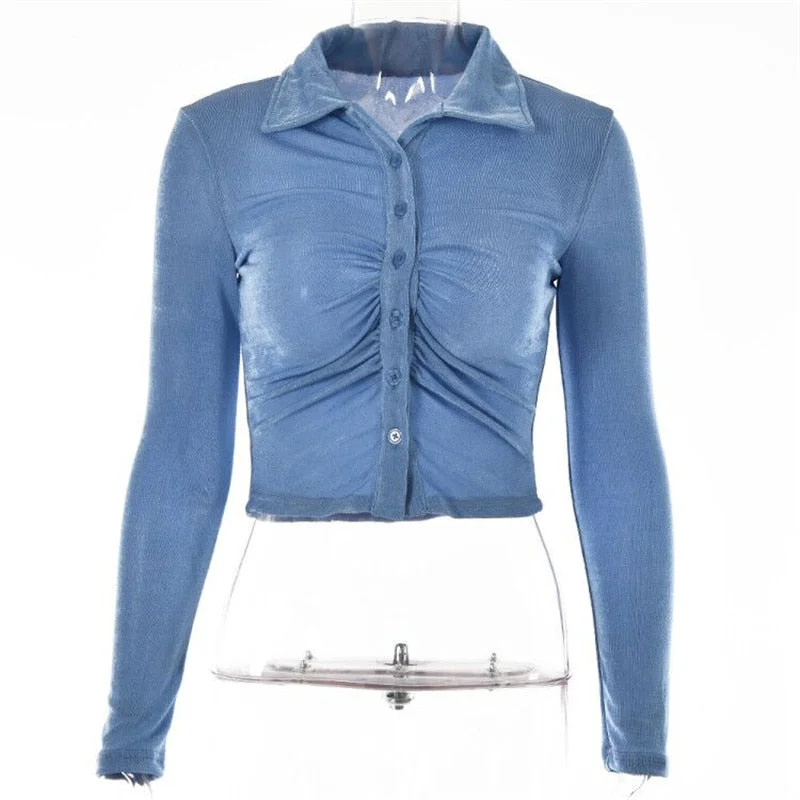 Articat Autumn Long Sleeve Buttons Ruched T-Shirts Women Sexy Turn-Down Collar Slim Crop Tops Femme Fashion High Street T Shirt
