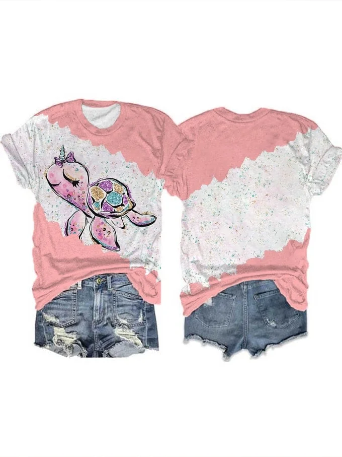 🔥Buy 3 Get 10% Off🔥Women's Cute Shiny Unicorn Sea Turtle Contrast Print T-Shirt