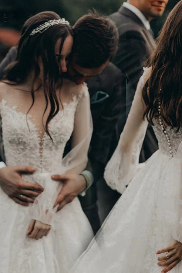 Charming Tulle Long Sleeves Lace A-Line Wedding Dress | Ballbellas Ballbellas