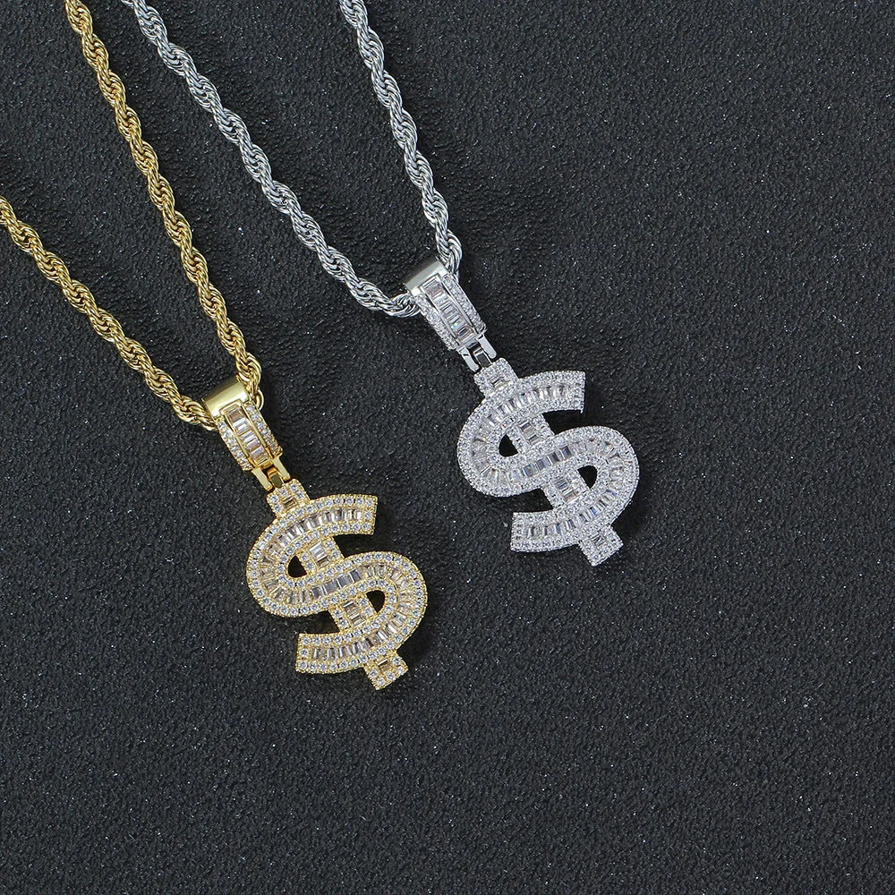 Baguette Dollar Sign Pendant Necklace (24 inches)