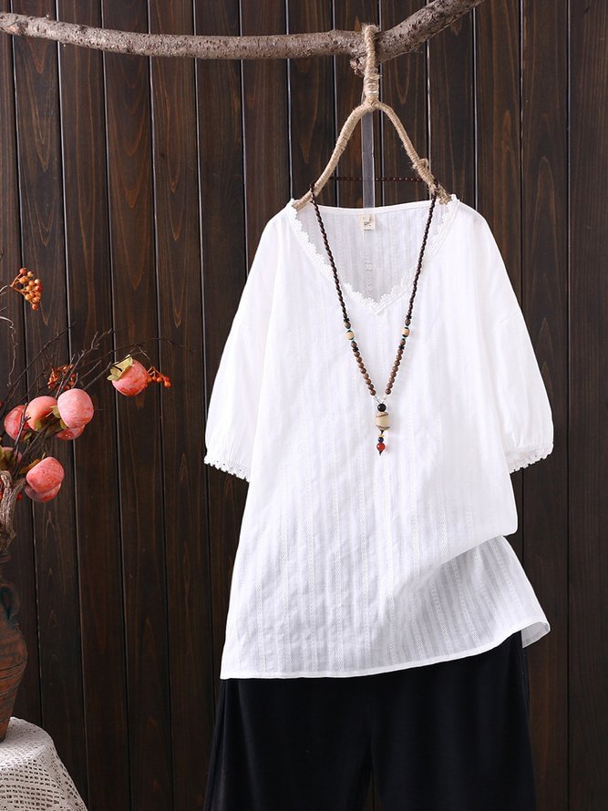 Casual Cotton-Blend V Neck Solid Shirts & Tops Zaesvini