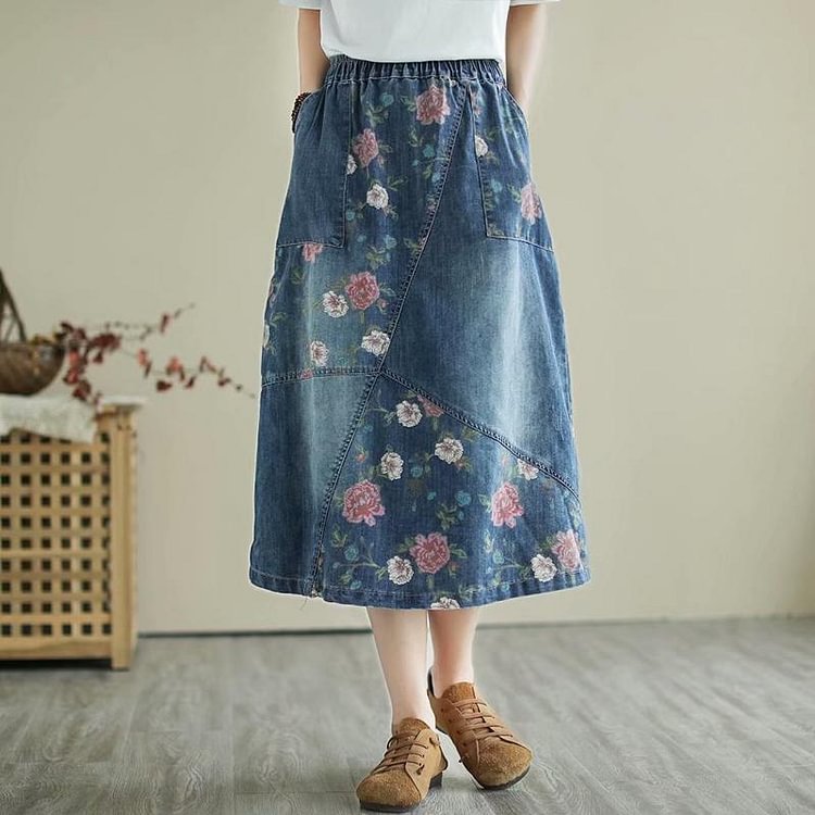 Retro Floral Loose Casual Patchwork Denim Skirt