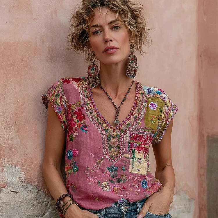 Women's Bohemian Floral Embroidery Art V-neck Short Sleeve T-shirt