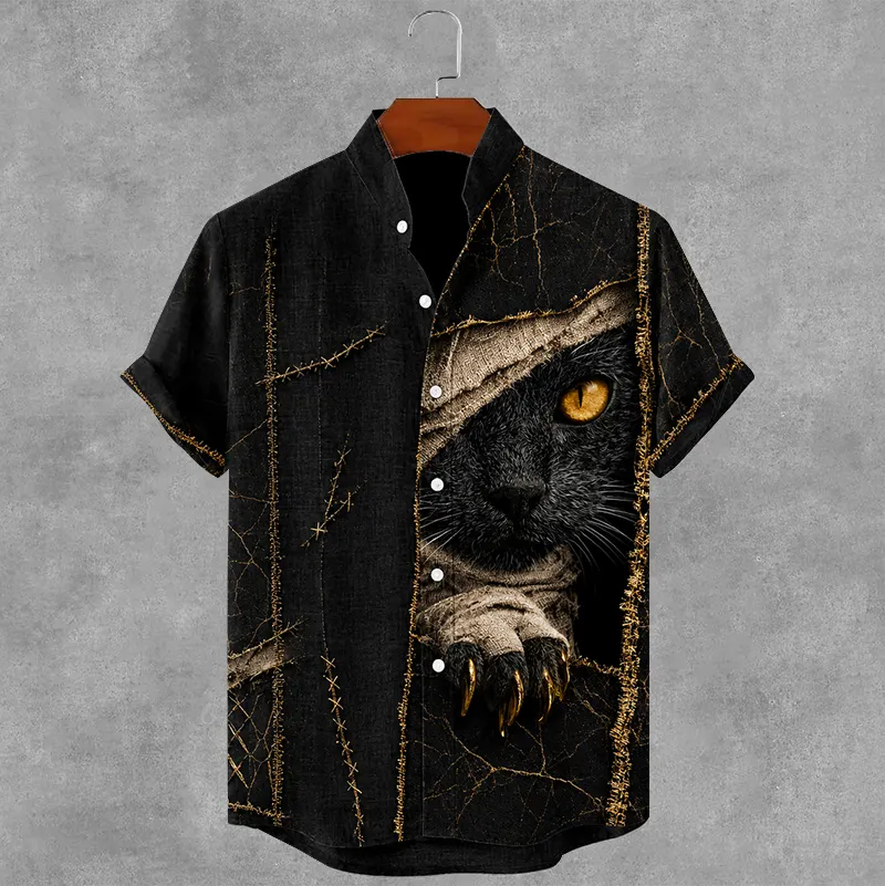 Men's Gothic Bandage Black Cat Art Short Sleeve Linen Shirt  artssus