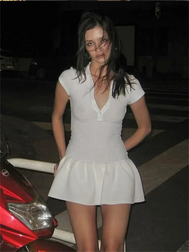Toloer Short Sleeve Collar Ribbed MIni Dress-Outfit Ideas