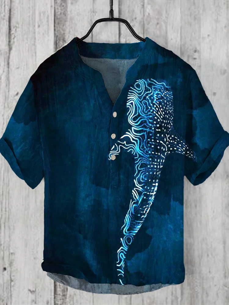 Luminous Line Whale Tie-Dye Print Linen V-Neck Short Sleeve Shirt