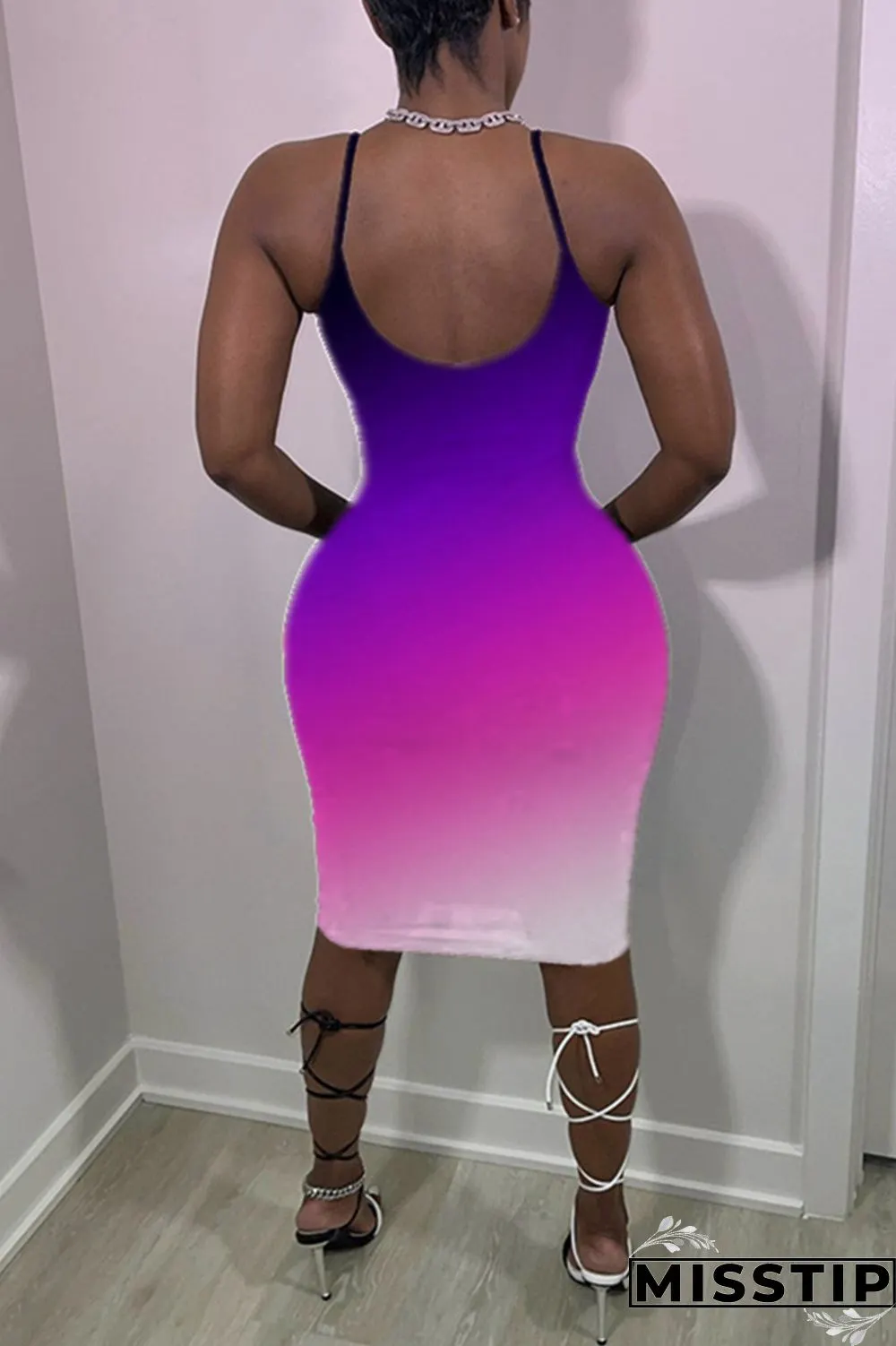 Pink Sexy Casual Gradual Change Print Backless Spaghetti Strap Sleeveless Dress