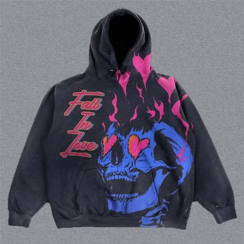 Aonga Harajuku Punk Style Fashion Hoodies Women Brand Flame Skulls Print Hoodie Digital Print Streetwear Clothing Sweatshirts Y2k Tops aonga