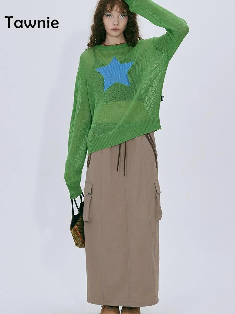 Uveng 2022 Summer Autumn Star Kintted Smock Tops Women Y2K Long Sleeve See Through Loose Pullovers T Shirts Vintage Streetwear
