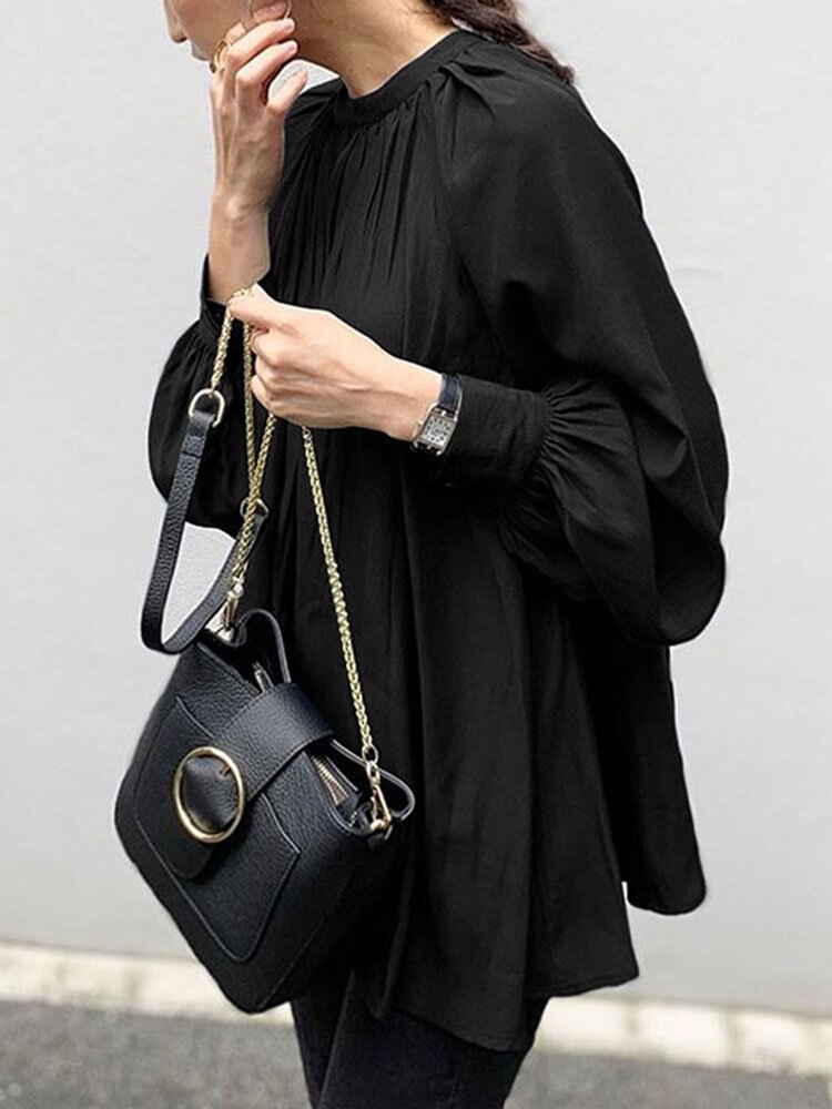 Solid Color Puff Sleeve Stand Collar Blouse - BlackFridayBuys