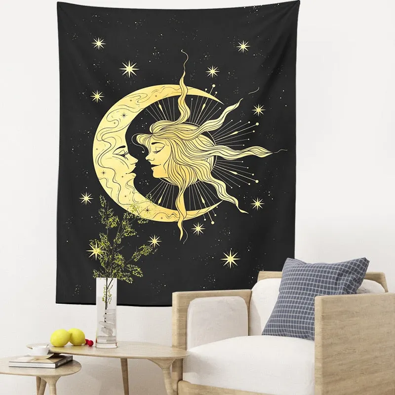 Sun and Moon Tapestry Moon girl Tarot Card Witchcraft Wall Hanging black Art Print Mural Background Tapestries for Bedroom Dorm