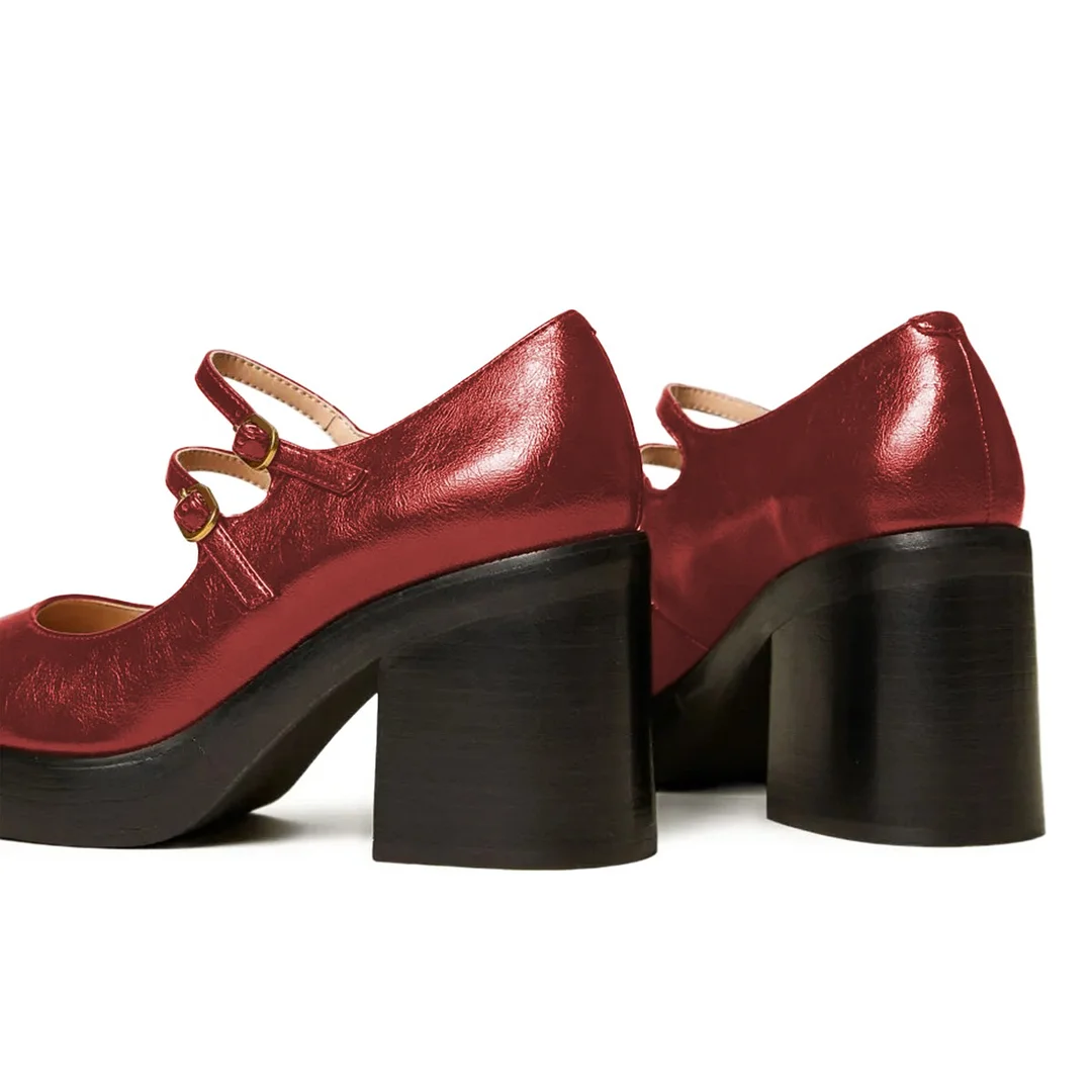 Red Chunky Heel Double Buckle Strap Mary Jane Platform Shoes
