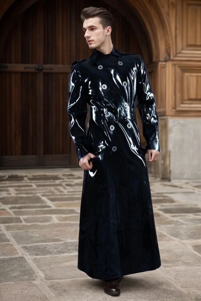 Men's Black Latex Jacket Military Style Full-Length Double-Breasted Latex Trench Coat