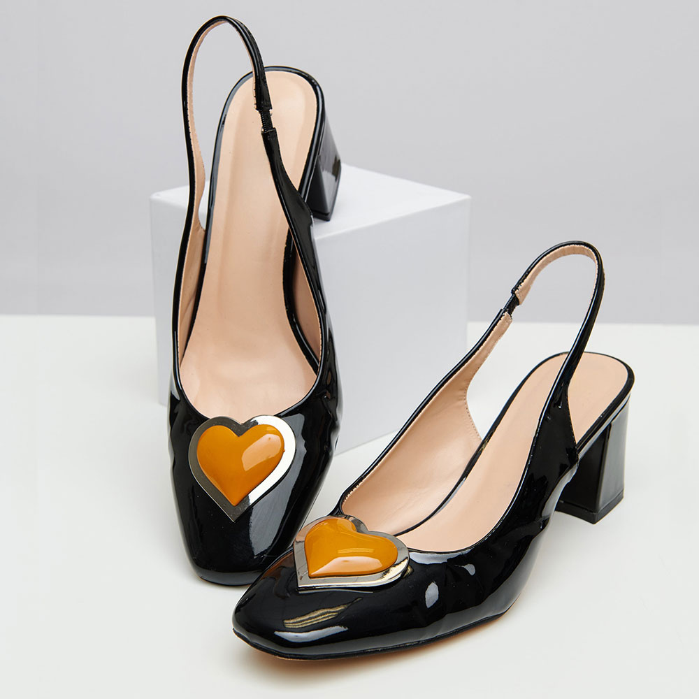 Black Square Toe Chunky Heel Women's Slingback Pumps with Heart Decor Nicepairs