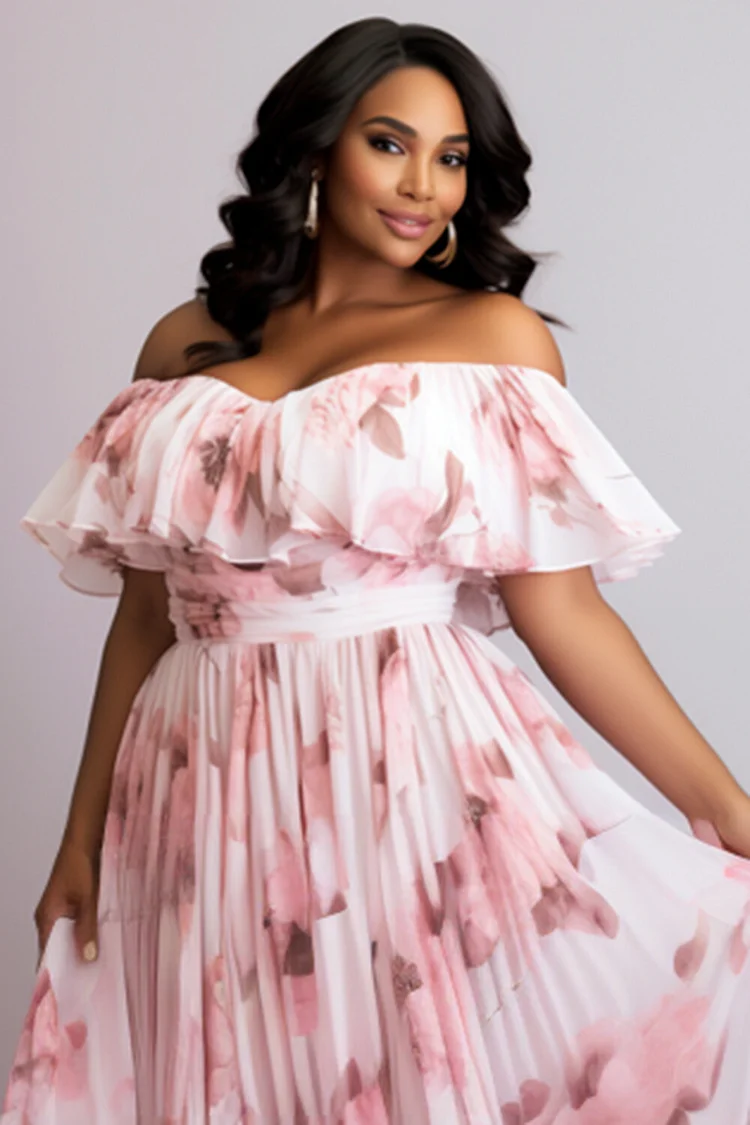 Xpluswear Design Plus Size Vacation Pink Casual Off The Shoulder Short Sleeve Tiered Ruffle Maxi Dresses [Pre-Order]