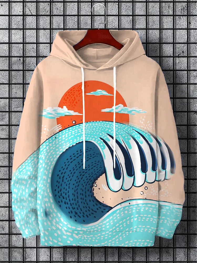 Men's Casual Piano Key Wave Sun Art Graphic Print Hoodie