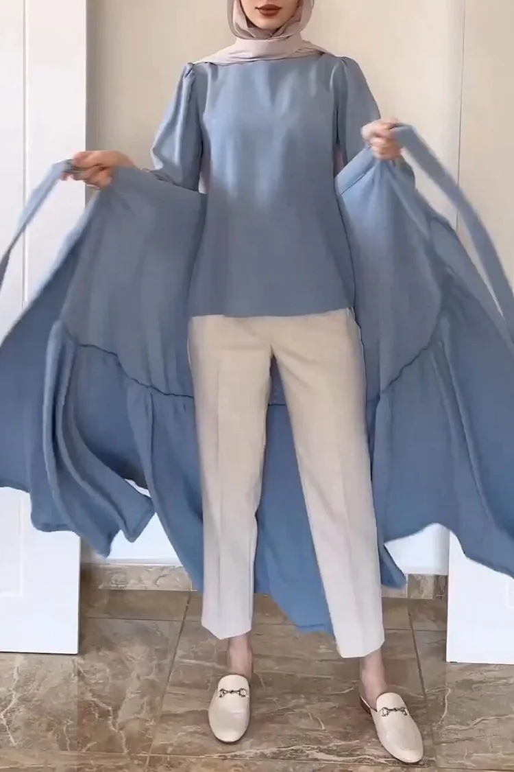Casual Long Sleeve Blouse & Ruffled Lace Up Maxi Skirt 2 Pcs Set