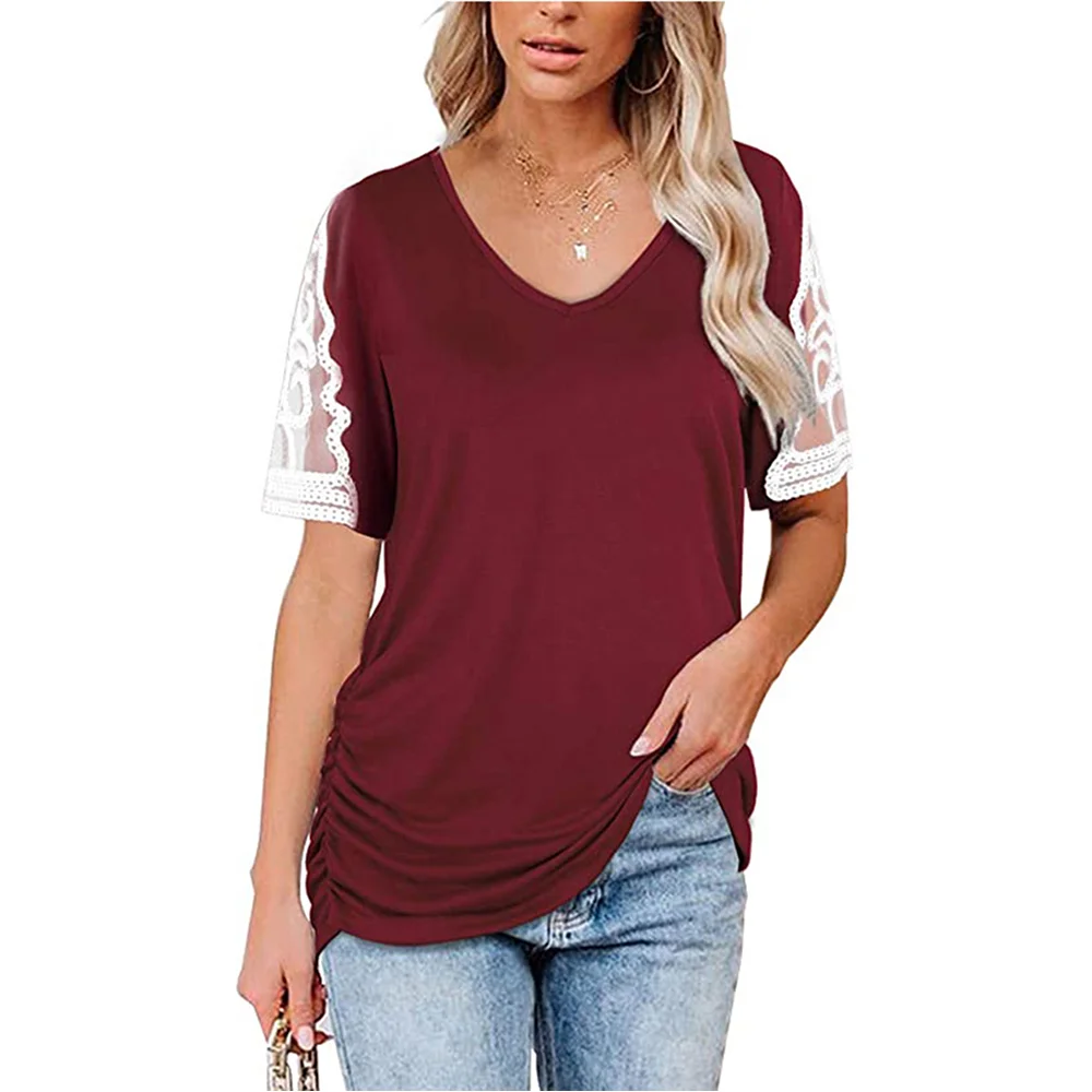 Wine Red Splice Lace Short Sleeve T Shirt