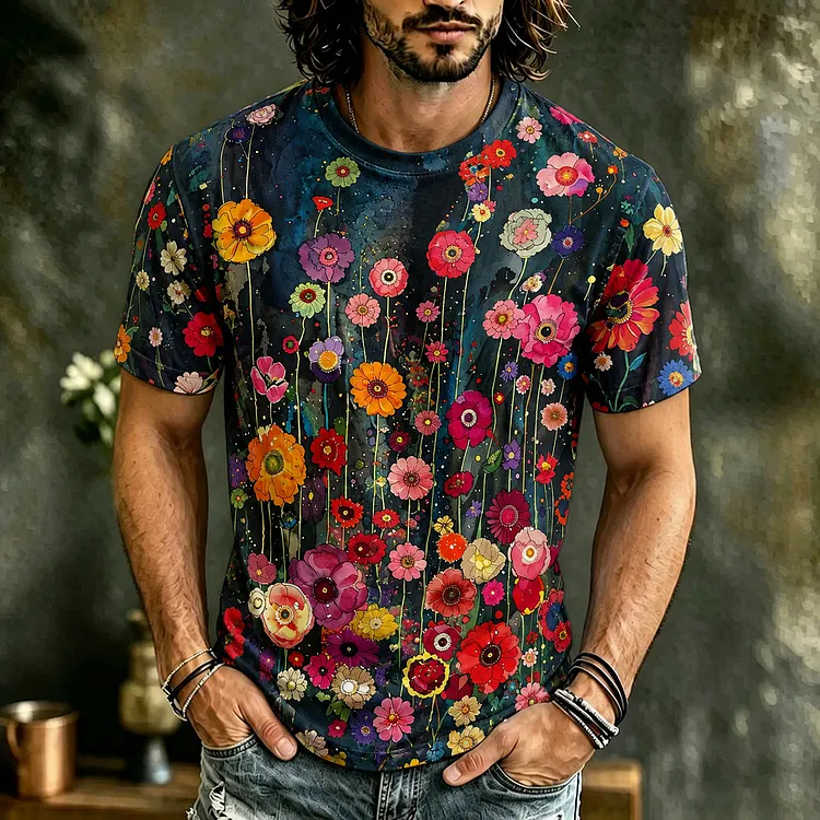 Men's Vintage Hippie Floral Art Print T-shirt