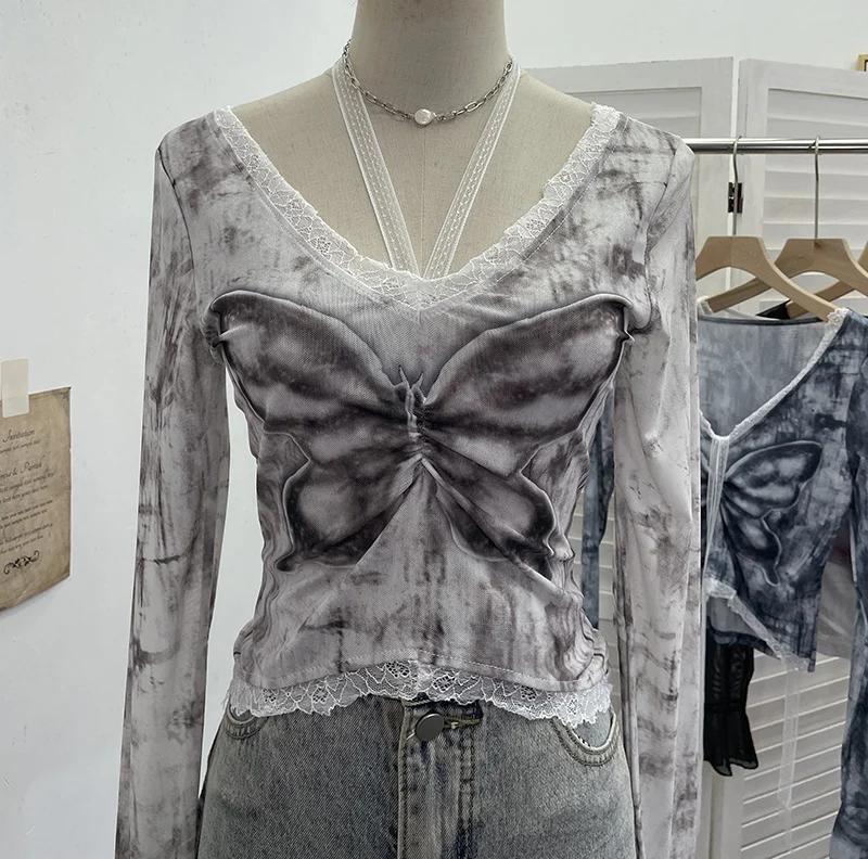 Nigikala Nigikala Shot Micro-Permeable Mesh Butterfly Print Splicing Lace Hanging Neck Horn Long-Sleeved T-Shirt Repair Short Top 1286