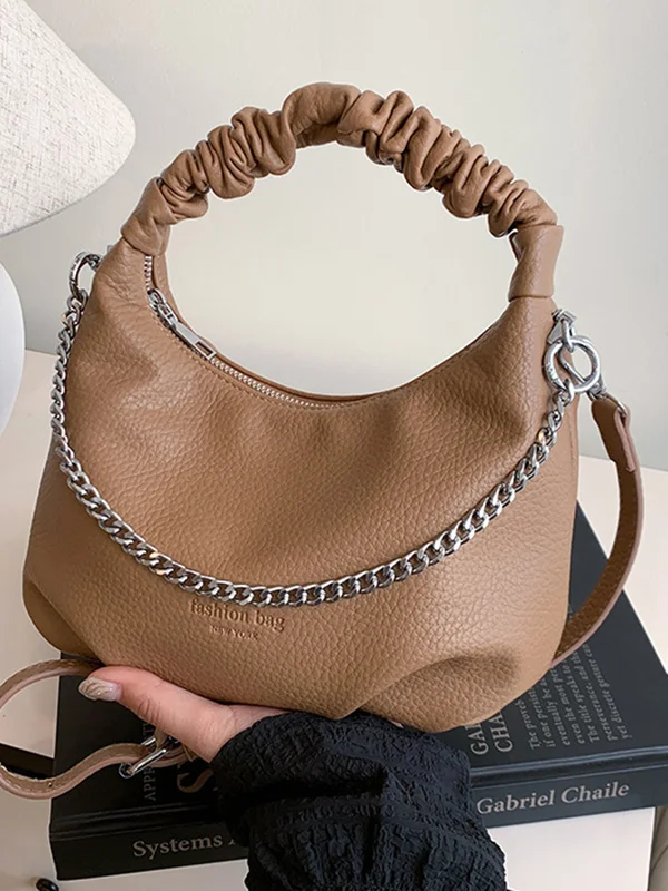 Chains Pleated Solid Color Zipper Handbags Crossbody Bags
