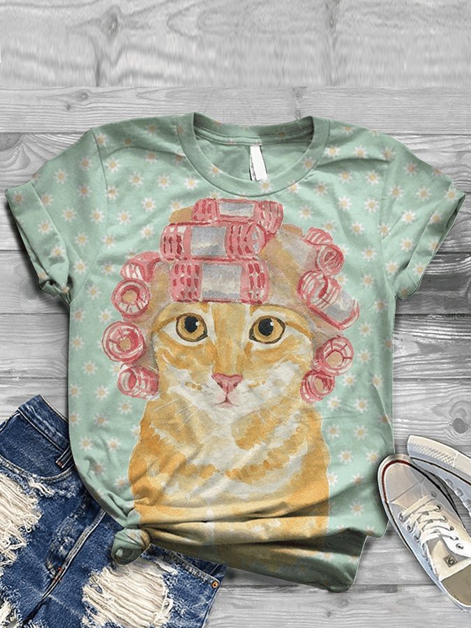 Women's Cat Print Crew Neck Short Sleeve Tee Shirt