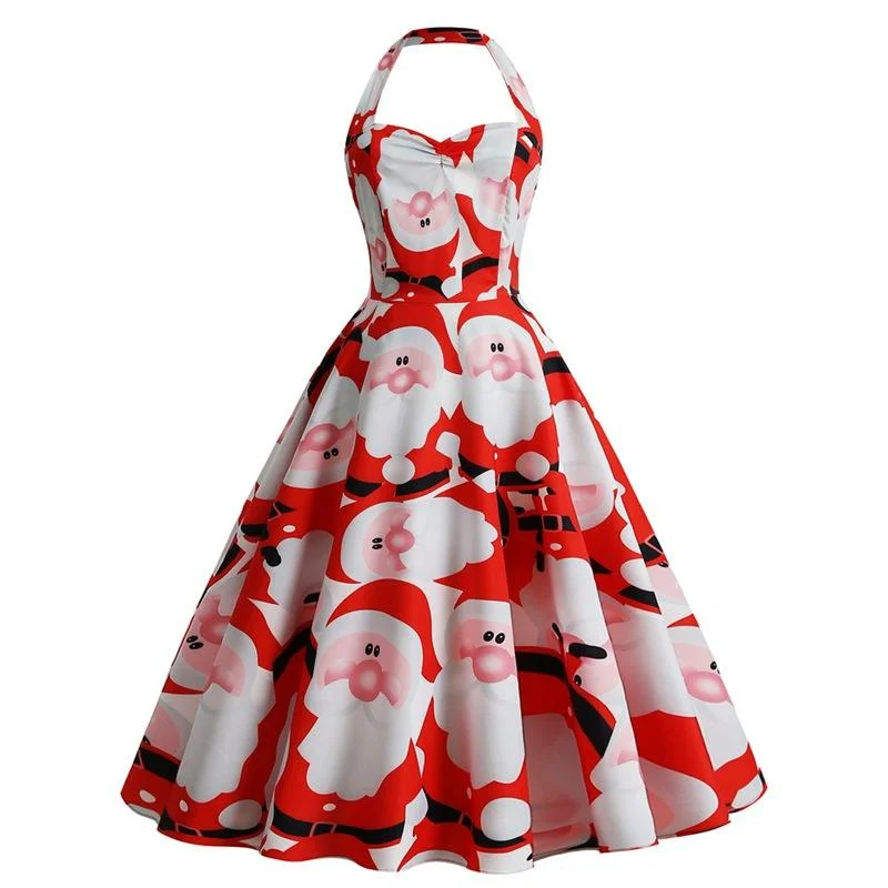 Women's Christmas Dress Vintage Halter High Waist Printed Swing Dress