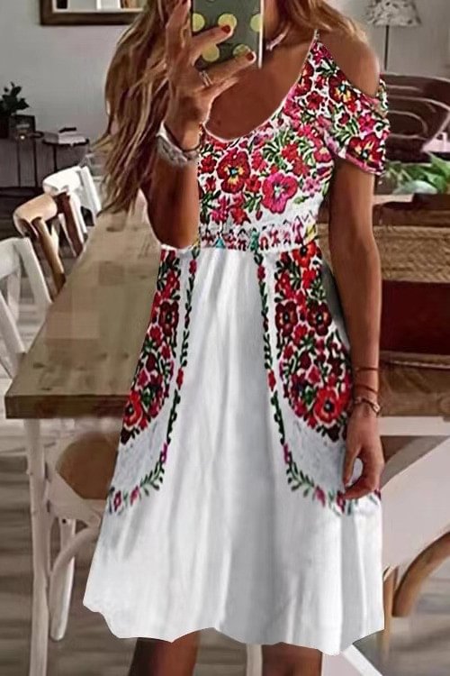 V Neck Cold Shoulder Pleated Floral Print Casual Short Sleeve Midi Dress