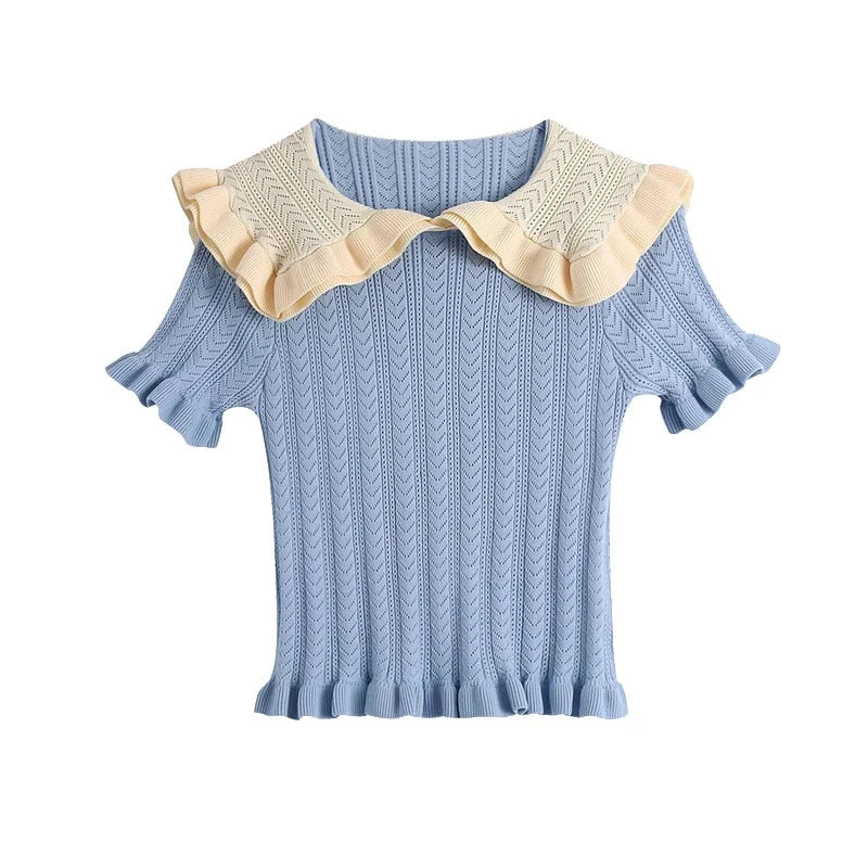 KPYTOMOA Women 2021 Sweet Fashion With Ruffled Cropped Knitted Sweater Patchwork Collar Short Sleeve Female Pullovers Chic Tops