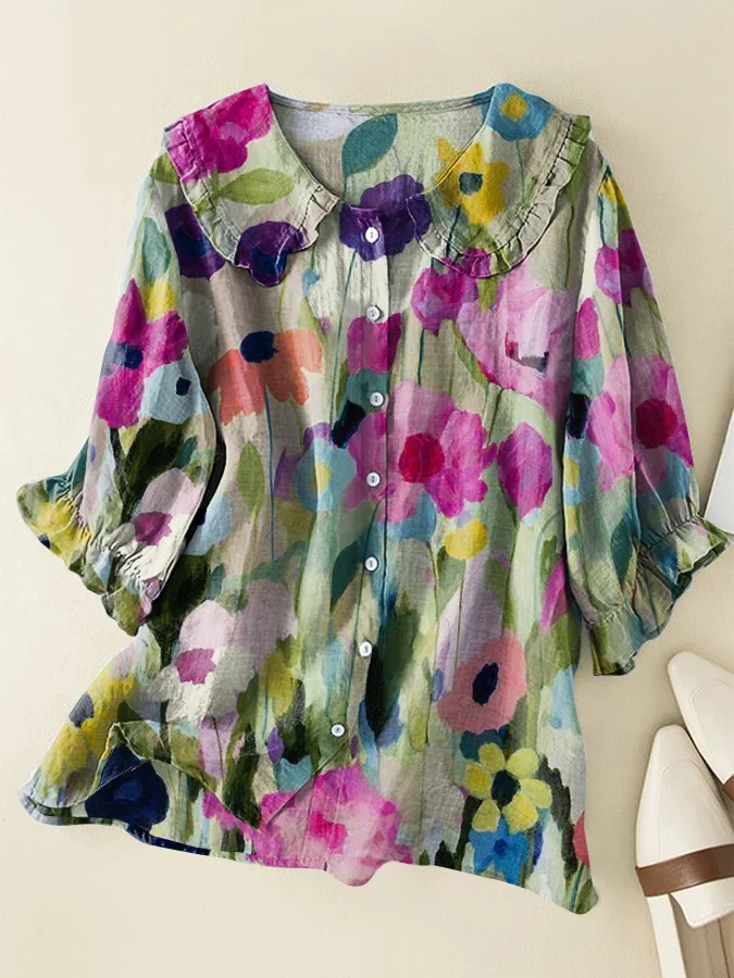 Vintage Floral Cotton and Linen Peter Pan Ruffle Collar Shirt