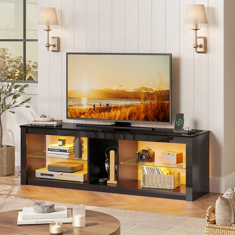 Bestier LED TV Stand for 55/60/65 Inch TV, High Gloss Gaming TV Stand with Power Outlet, Modern TV Console Entertainment Center with Storage for Living Room, Bedroom (55 Inch,)