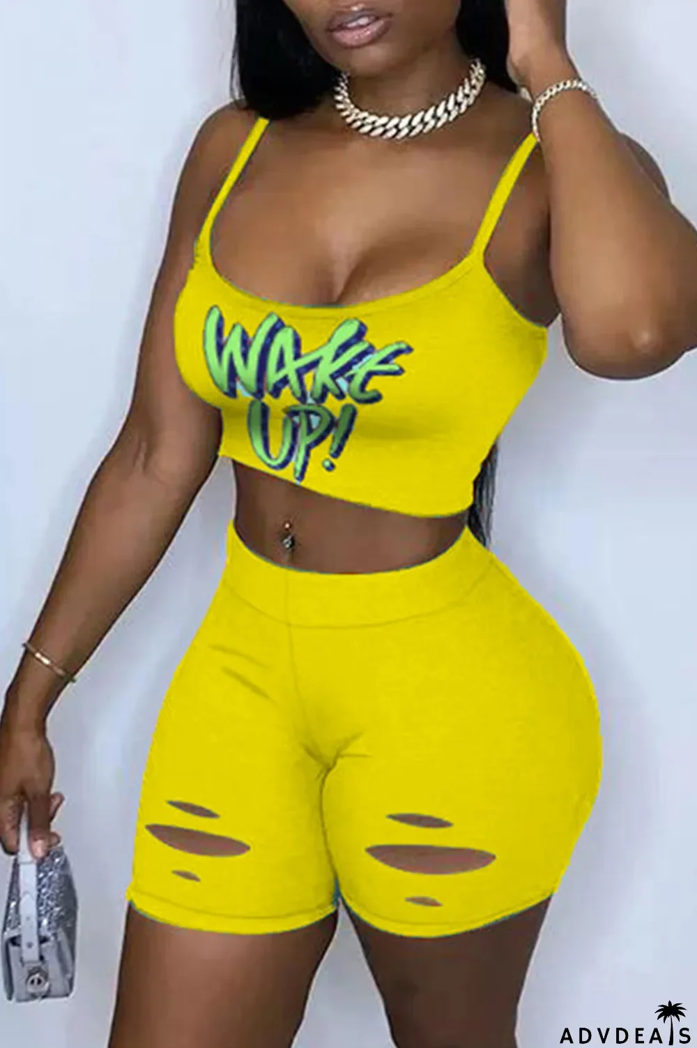 Yellow Sexy Casual Letter Print Ripped Spaghetti Strap Sleeveless Two Pieces
