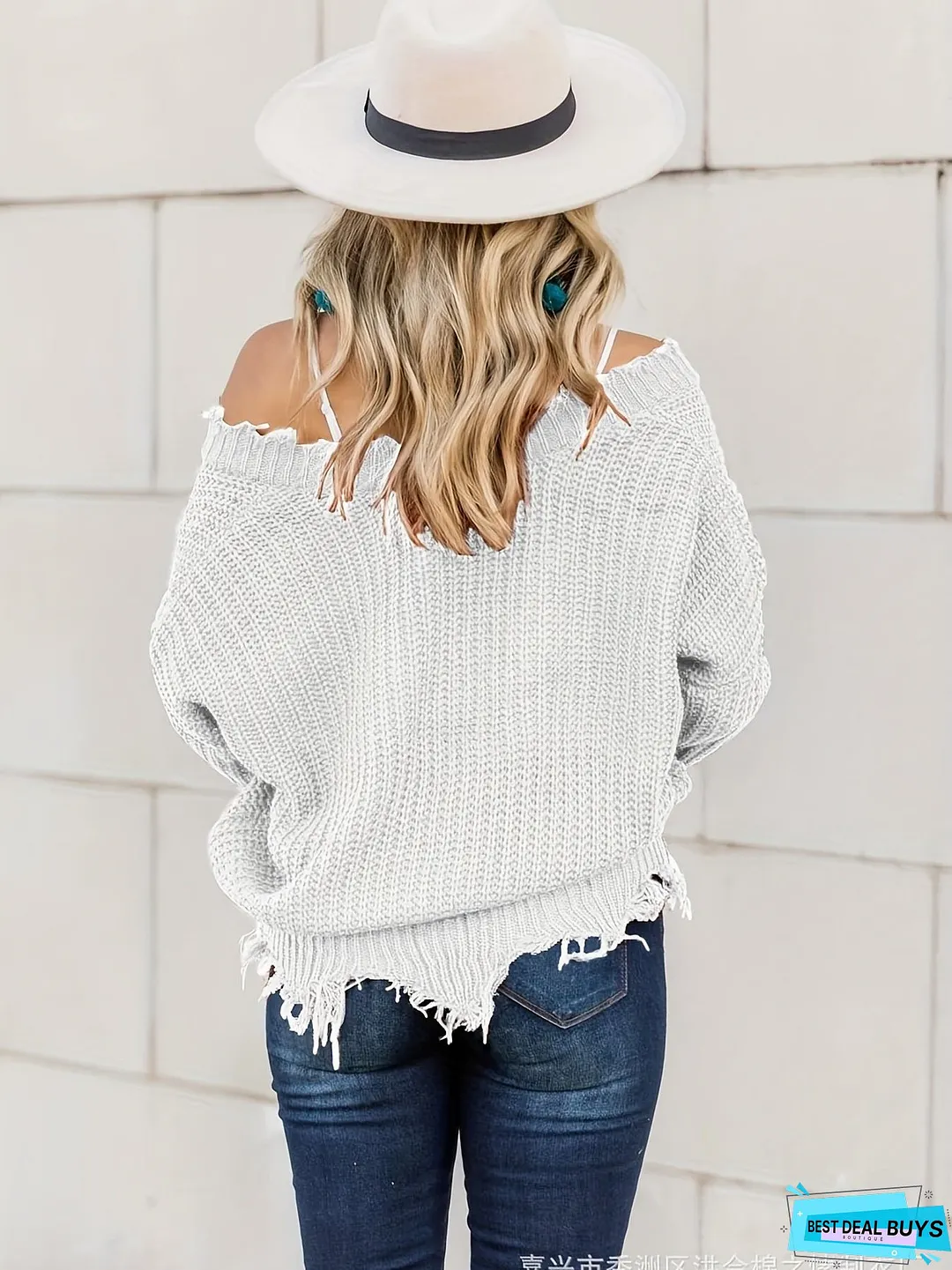 Distressed Solid V Neck Pullover Sweater, Casual Raw Trim Long Sleeve Loose Sweater, Women's Clothing