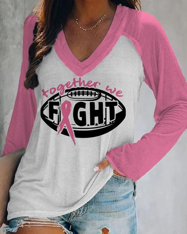 Women Together We Fight Cancer Awareness Pink Ribbon Football Lover Casual Long Sleeve T-Shirt