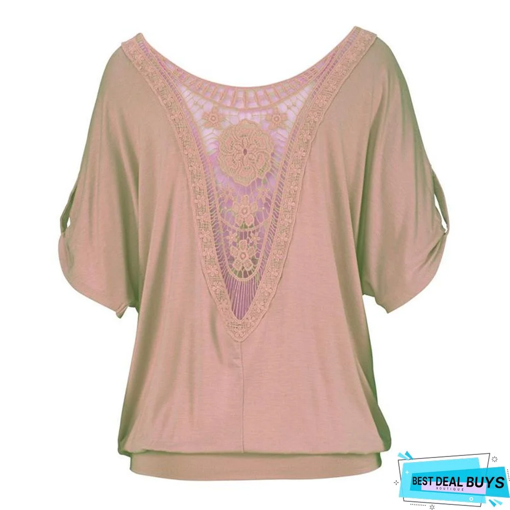 Plus Size Fashion Women Casual 0-Neck Top Tee Vintage Female Clothing Lace T-Shirt