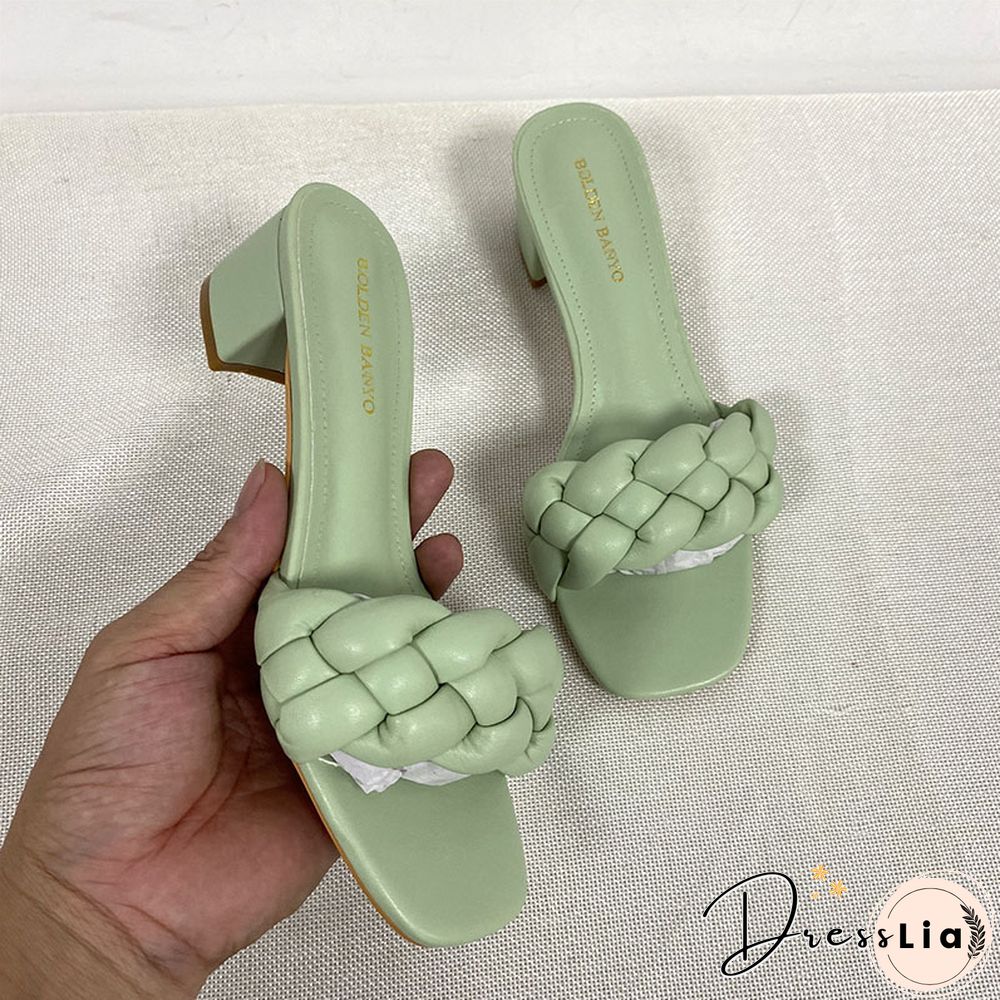 Summer Solid Weave Women Square Heel Sandal Fashion Thick High Heels Gladiator Outdoor Party Slides Ladies Sandals Shoes