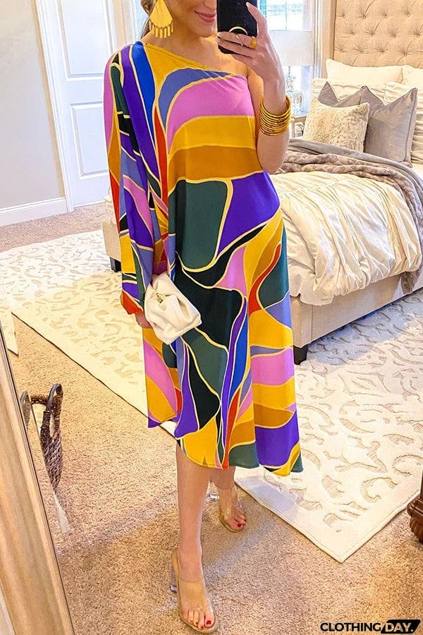 Multi Print Asymmetrical One Shoulder Dress