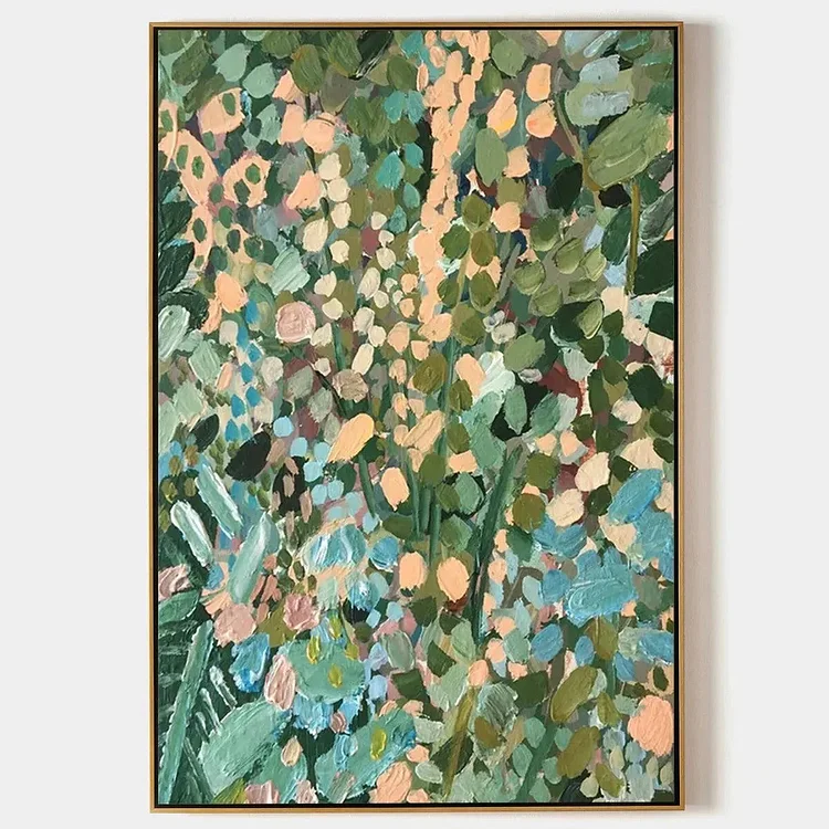 ENCHANTED GARDEN: Vertical Abstract Floral Painting in Green, Blue, and Peach（Canvas painting）