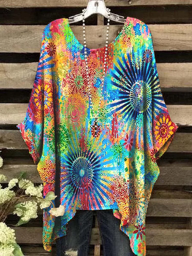 Womens Vintage Colorful Irregular Pattern Round Neck Top