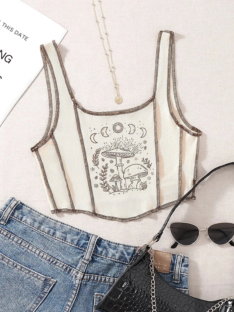 Plant Print Graphic Tank Top for Women Summer 2024 Y2K Clothes Grunge Sleeveless Square Neck Crop Top Streetwear