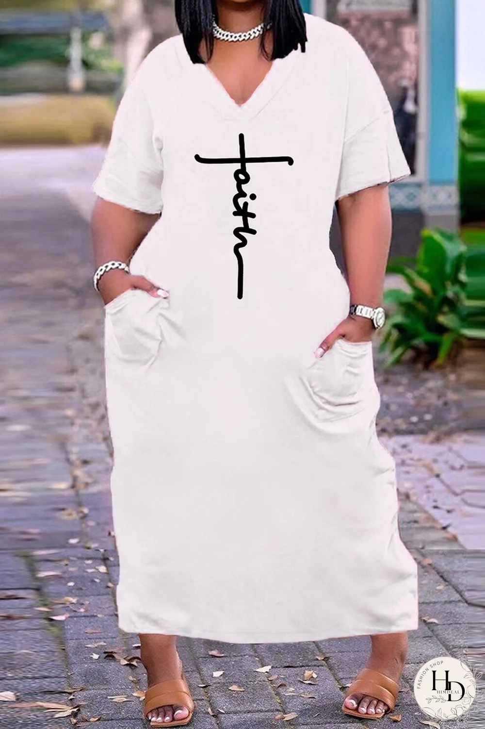 Rose Brown Fashion Casual Plus Size Print Basic V Neck Short Sleeve Dress